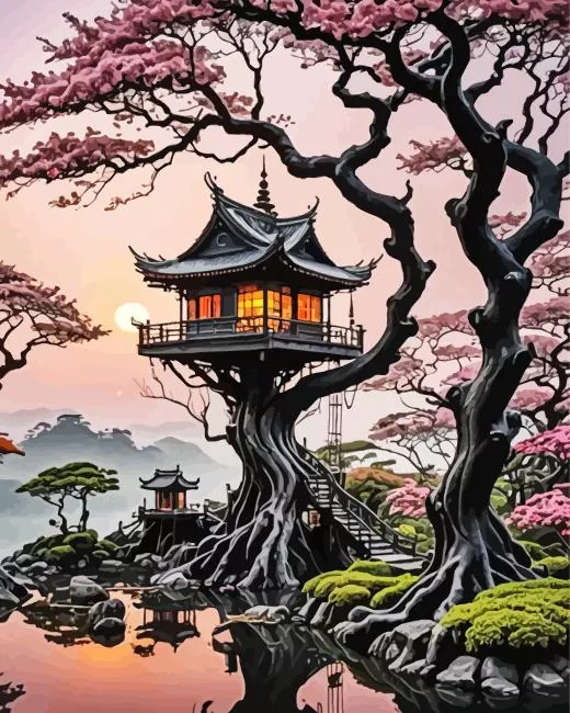 forest mystical tree house Diamond With Numbers Forest Mystical Tree House Diamond Painting