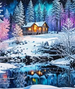 Snowy Forest Log Cabin Diamond Painting