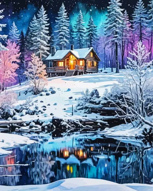 snowy forest log cabin Diamond With Numbers Snowy Forest Log Cabin Diamond Painting