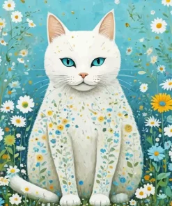 White Cat Folk Art Flower Diamond Painting