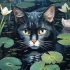 Black Cat In Water Lilies Pond Diamond Painting