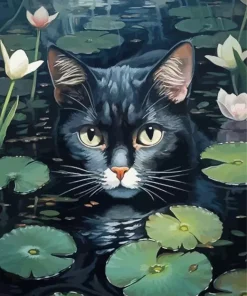 Black Cat In Water Lilies Pond Diamond Painting
