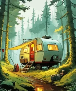 Caravan Camp In Woodland Diamond Painting
