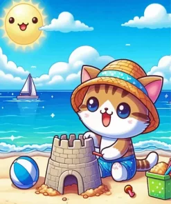 Cartoon Cat At The Beach Diamond Painting