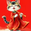 Cartoon Cat Playing Flute Diamond Painting