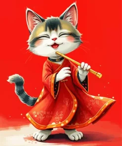 Cartoon Cat Playing Flute Diamond Painting