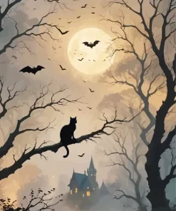 Cat and Bats Silhouette Diamond Painting