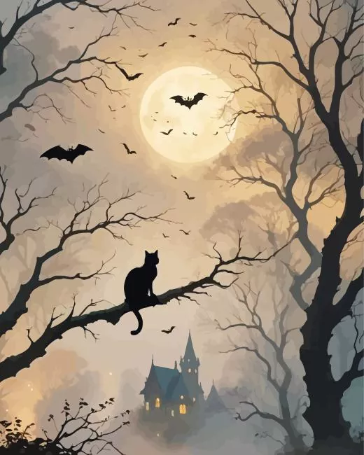 Cat and bats silhouette Diamond Paintings Cat and Bats Silhouette Diamond Painting