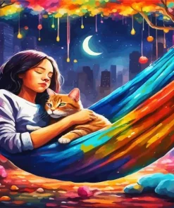 Cat And Girl Sleeping On Hammock Diamond Painting