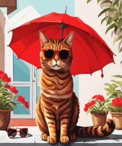 Cat Under Red Umbrella Diamond Painting