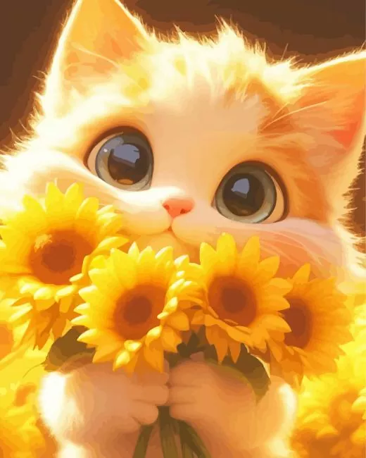 Cute cat and sunflowers Diamond By Numbers Cute Cat and Sunflowers Diamond Painting