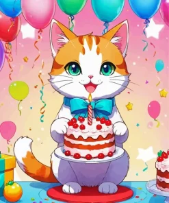 Cute Cat Holding A Cake Diamond Painting