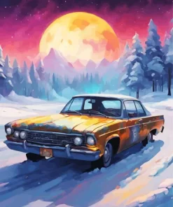 Golden Car In Snow Diamond Painting