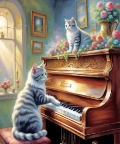 Grey Cat Playing Piano Diamond Painting