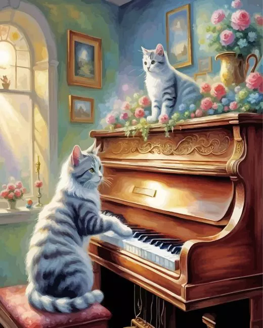 Grey cat playing piano Diamond Paintings Grey Cat Playing Piano Diamond Painting
