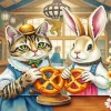 Pretty Bunny And Cat Eating Pretzels Diamond Painting