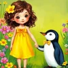 Adorable Girl And Penguin Diamond Painting