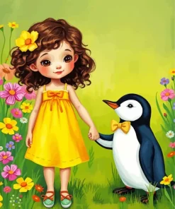 Adorable Girl And Penguin Diamond Painting