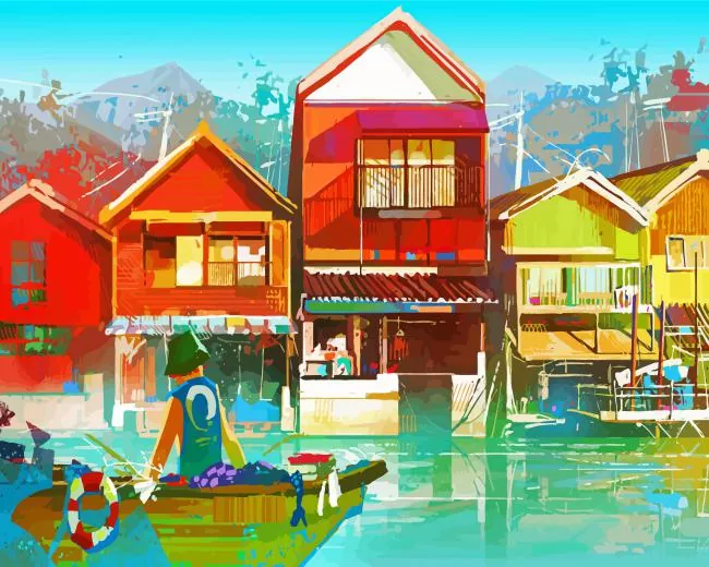 animated fishing village Diamond By Numbers Animated Fishing Village Diamond Painting