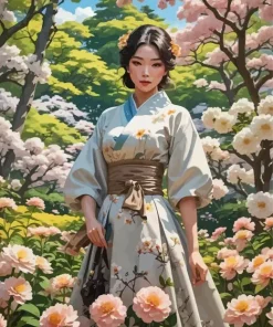Asian Girl In A Flower Garden Diamond Painting