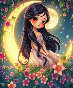 Black Hair Girl On The Moon Diamond Painting