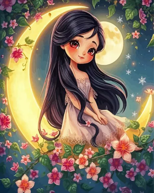 black hair girl on the moon Diamond Paintings Black Hair Girl On The Moon Diamond Painting