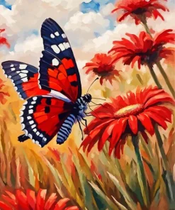 Butterfly On Red Flower Art Diamond Painting