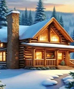 Cabin In Snow Woods Diamond Painting