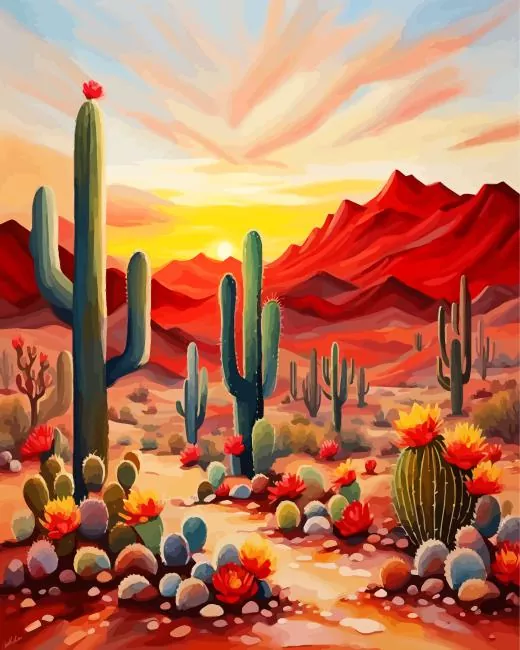 cactus desert at sunrise Diamond By Numbers Cactus Desert At Sunrise Diamond Painting