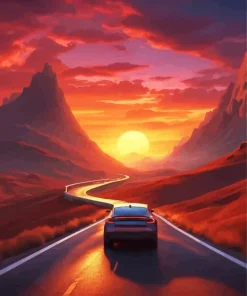Car Driving Into Sunset Diamond Painting