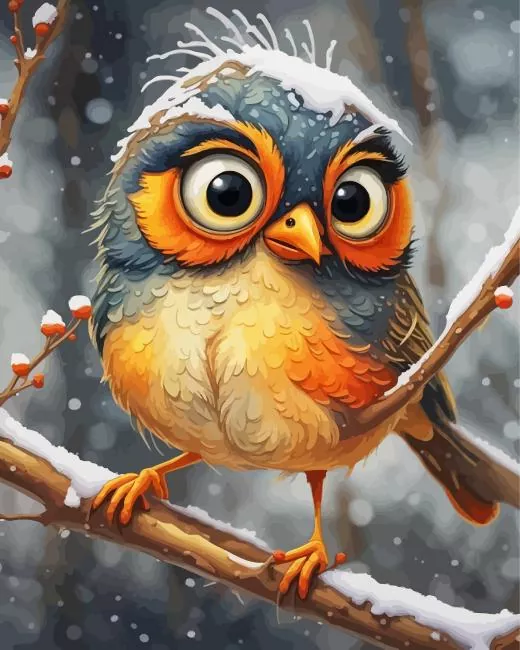 cartoon bird in snow Diamond by Numbers Cartoon Bird In Snow Diamond Painting