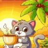 Cartoon Cat Drinking Coffee Diamond Painting
