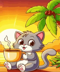 Cartoon Cat Drinking Coffee Diamond Painting