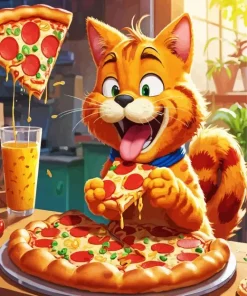 Cartoon Cat Eating Pizza Diamond Painting