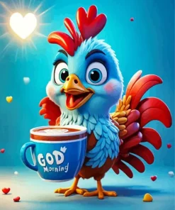 Cartoon Chicken Drinking Coffee Diamond Painting