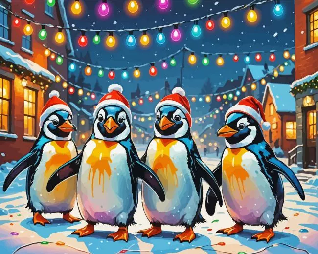cartoon christmas penguins Diamond By Numbers Cartoon Christmas Penguins Diamond Painting
