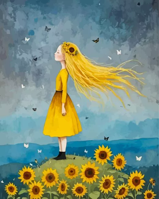cartoon girl with sunflowers Diamond By Numbers Cartoon Girl With Sunflowers Diamond Painting