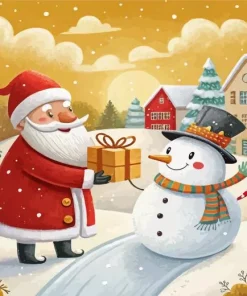 Cartoon Santa With Snowman Diamond Painting