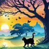 Cat And Butterfly Sunset Silhouette Diamond Painting