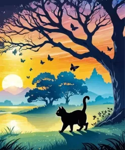 Cat And Butterfly Sunset Silhouette Diamond Painting