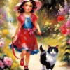 Cat And Girl In Garden Art Diamond Painting