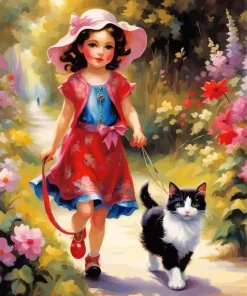 Cat And Girl In Garden Art Diamond Painting