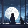 Cat And Girl Watching The Moon Diamond Painting