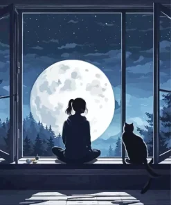 Cat And Girl Watching The Moon Diamond Painting