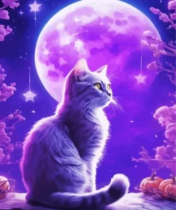 Cat And Purple Moon Diamond Painting