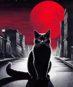 Cat And Red Moon Diamond Painting