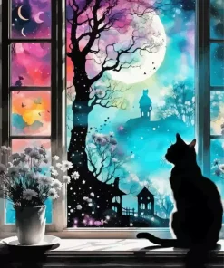 Cat By Window Silhouette Diamond Painting