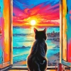 Cat Looking At Sunset Diamond Painting