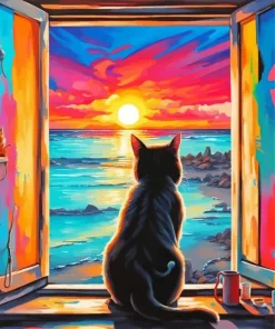 Cat Looking At Sunset Diamond Painting