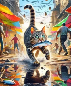 Cat Stealing Fish Diamond Painting